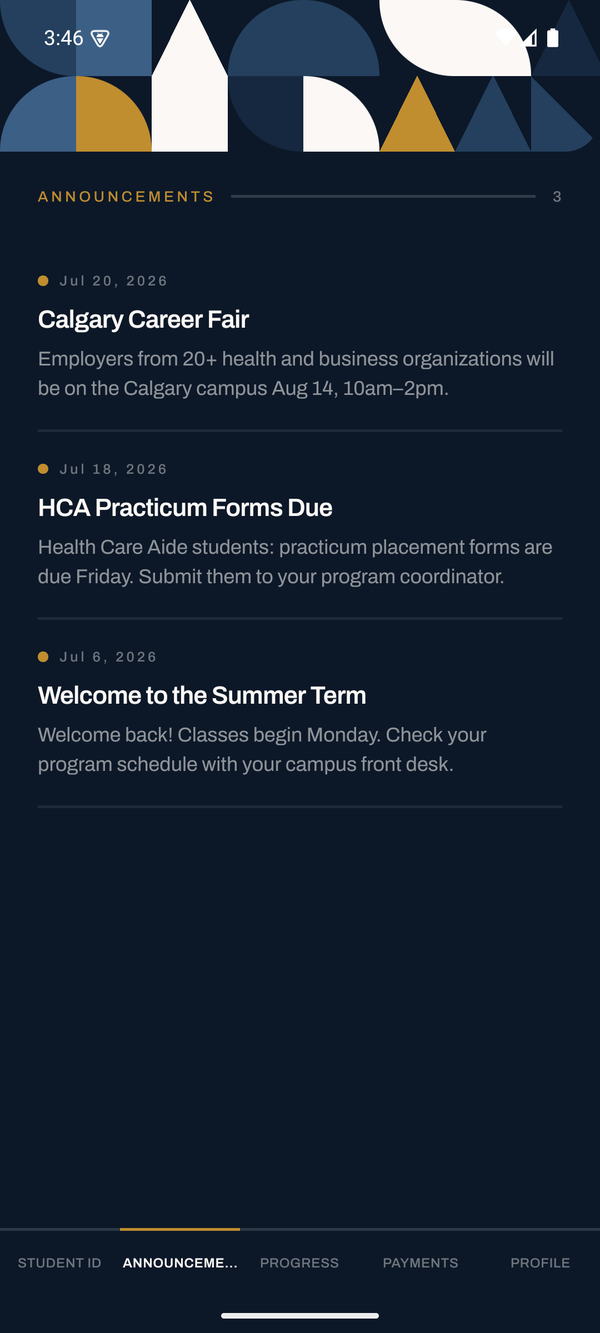 The MCG Student app showing campus announcements